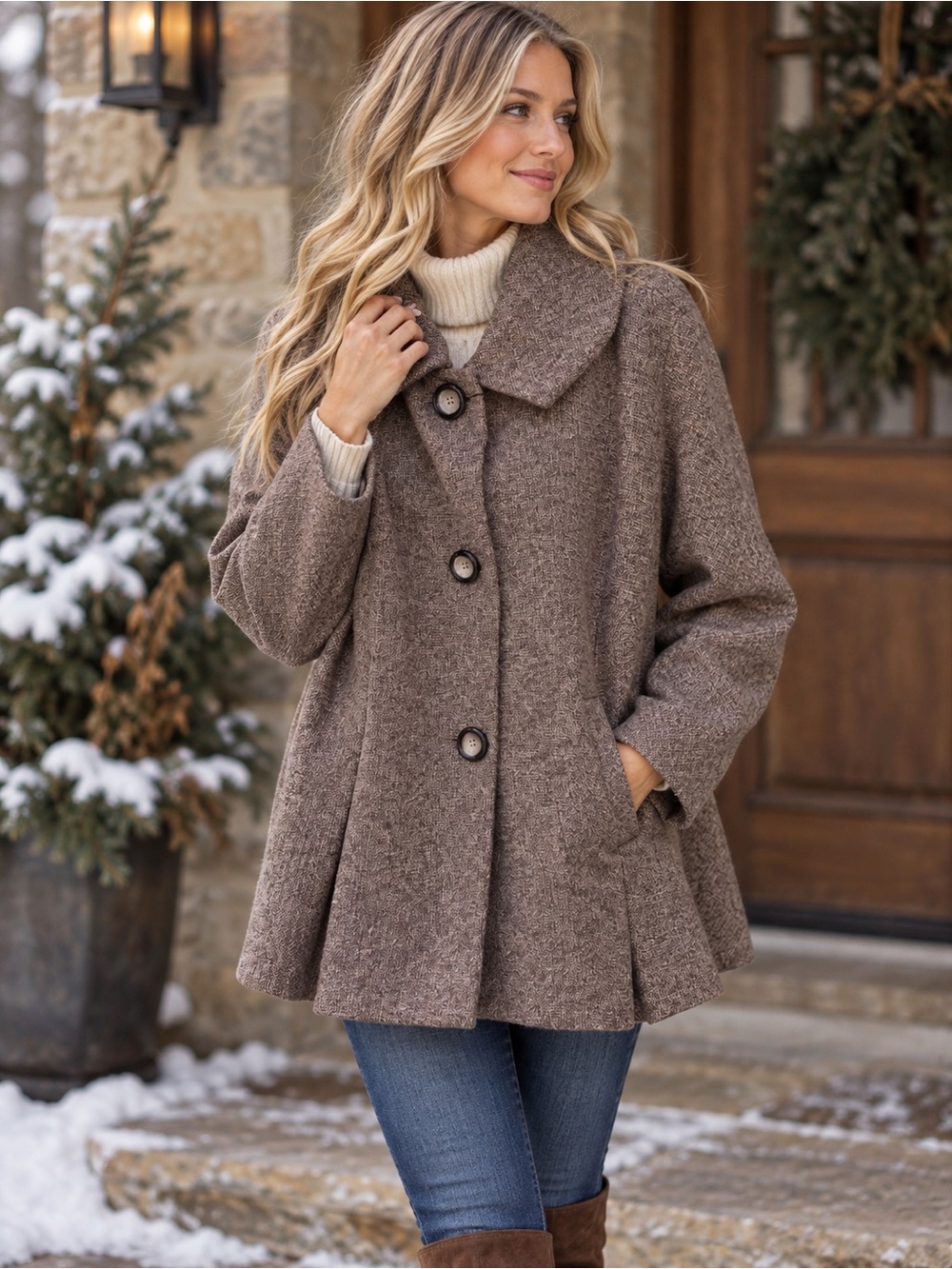 John Meyer by Jacques Monier Brown & Taupe Wool-Blend Pea Coat with Wide Collar
